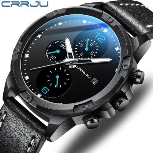 2020CRRJU New Fashion Men Watches Top Brand Luxury Big Dial Military Quartz Watch Leather Waterproof Sport Chronograph Watch Men