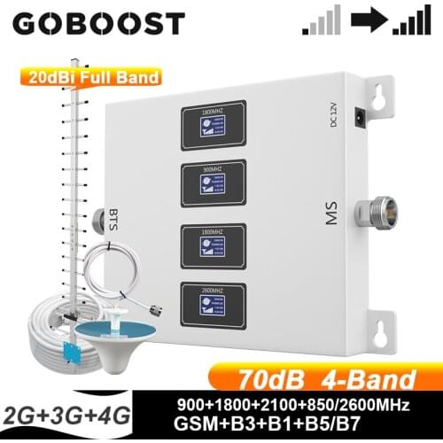 Four Band Cellular Amplifier Gain 70dB Cell Phone Signal Booster 2g 3g GSM 850 900 UMTS 2100 4G LTE 1800 2600 MHz Repeater Kit