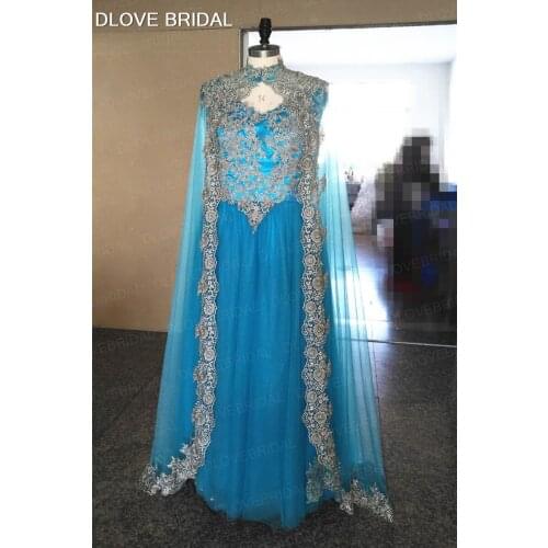 Graceful Blue Tulle V Neck Evening Dress Gold Lace Appliques Long Cape Special Occassion Gown