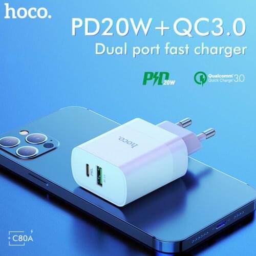 Hoco PD20W QC3.0 Fast Charging Dual Port Adapter For iPhone 12 Pro Max 11 XR EU US UK Plug USB Type C Charger For Xiaomi Mi 11