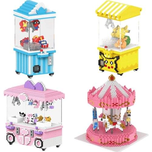Cartoon Pikachu Spiderman Hello Kitty Claw Machine Carousel Model Diamond Small Building Block Childrens Toy Gift