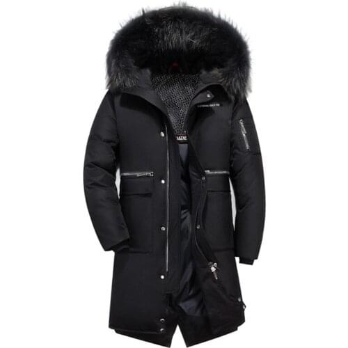 2019 Winter Men Long 90% White Duck Down Jacket Casual Real Fur Collar Thicken Warm Hooded Pattern Red Coat Male Brand Clothing