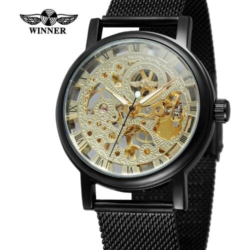 Winner Top Brand Luxury Mesh Stainless Steel Band Transparent Classic Thin Case Transparent Skeleton Mens Mechanical Wrist Watch