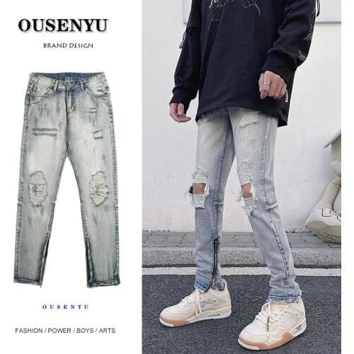 Spring and Summer New High Street Ripped Jeans Mens Self-cultivation Small Trousers and Handsome Retro Locomotive Long Pants