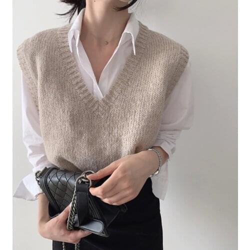 2020 New Autumn Winter Korean Fashion Knitting Womens Tank Sweaters V-Neck Oversize Pullovers Sweater Vest Female Basic Tops