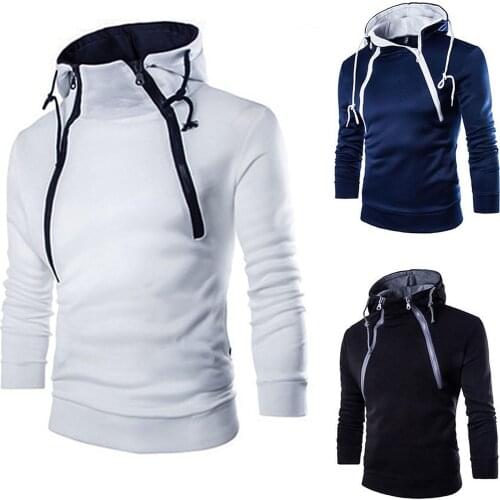 Autumn Winter Men Double Zipper Long Sleeve Color Block Coat Hoodie Sweatshirt