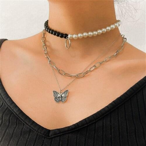 Gothic Punk White Black Simulated Pearl Choker Neckalce For Women Trendy Butterfly Pendant Neckalces Jewelry Accessories
