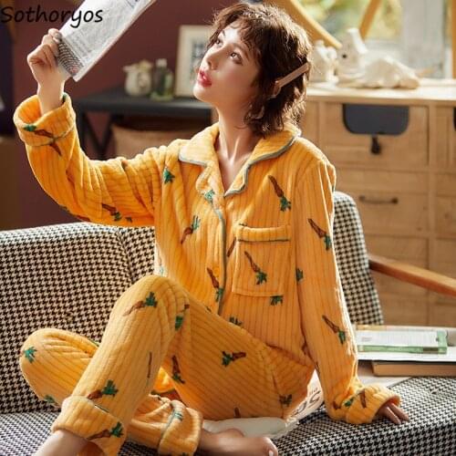 Pajama Sets Women Thickening Velvet Keep Warm Lovely Print Winter New Arrival Full Length Sleepwear High Quality Korean Leisure
