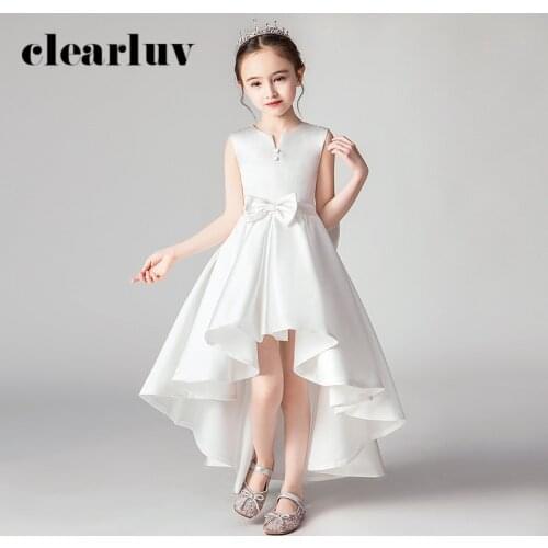 Flower Girl Dresses for Weddings B051 White Sleeveless Small V-Neck Long Communion Dresses Bow High Low Girls Princess Dresses