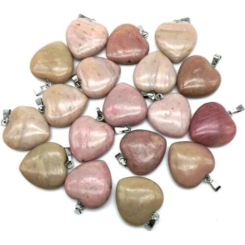 Natural Stone Heart Pendants 20 mm Charm Pink Rhodonite Stone Heart Jewelry DIY Earrings Bracelets etc