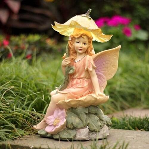 Resin Umbrella Angel Figure Sculpture Flower Fairy Solar Decor Butterfly Wings Girl Statue Villa Courtyard Gardening Ornaments