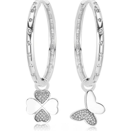 Valori Jewels Clover And Butterfly, Zirconia White Gemstone, Rhodium Plated, Sterling Silver Large Stylish Hoop Charm Earrings