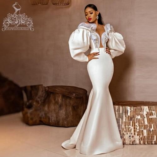 Vintage Deep V-neck Stain Mermaid Evening Dress Long Puff Sleeves Pretty Ruffles Beads Crystals Evening Gowns Formal Party Dress