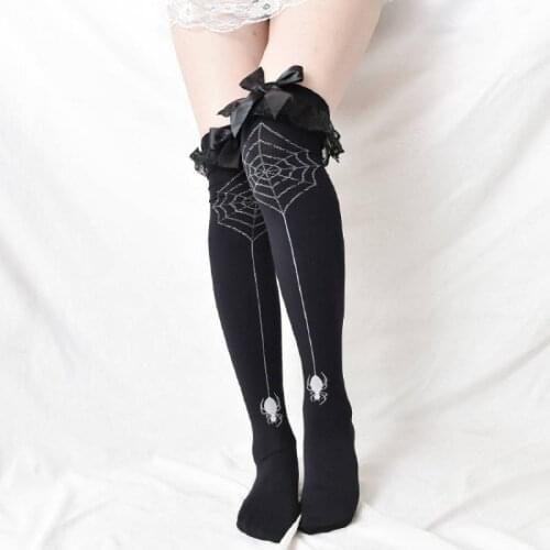 Japanese Women Harjuku Gothic High Knee Socks Lace Overknee Black Lolita Stockings Cosplay Bowknot Stocking For Loli Girls