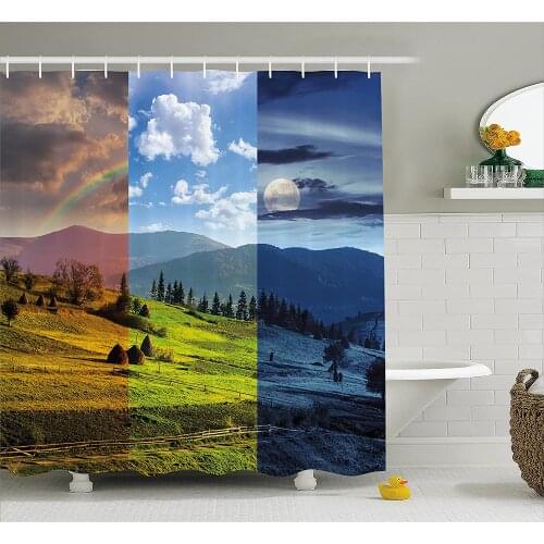 Apartment Shower Curtain Pastoral Village Rural Field with Rainbow Moon Sun Countryside Grassland Bath Curtains For Bathroom