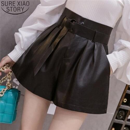 PU Faux Leather Womens Shorts 2021 Autumn Winter Black Sashes High Waist Wide Leg Shorts Elegant Female Solid Trousers 12242