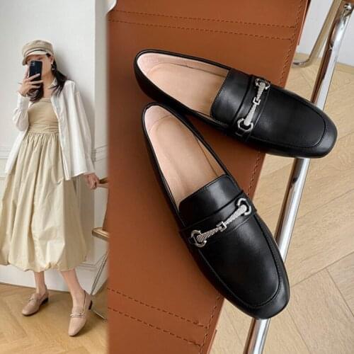 Spring/Autumn Sheepskin Women Flats Shoes Hanged Metal Loafers Ladies Shoes Woman Slip-on Casual Walk Black Shoes For Women