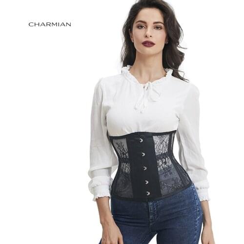 Charmian Womens Retro Gothic Underbust Corset Black White Lace Steel Boned Corsets and Bustiers Body Shaper Waist Trainer
