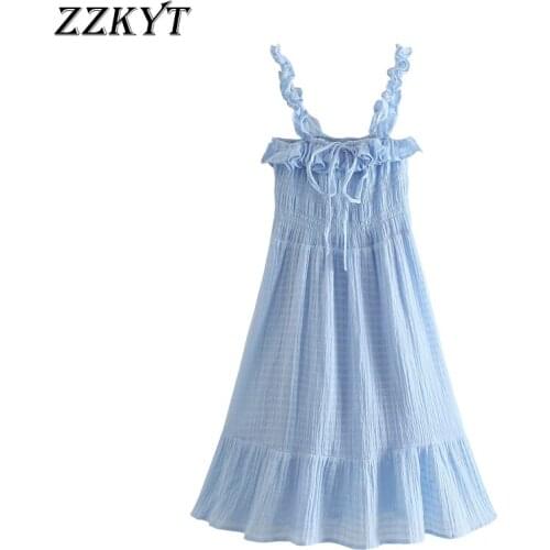 ZZKYT 2021 Women Summer Fashion Solid Bow Tie Ruffled Strap Mini Dress Vintage Sleeveless Backless Elasticity Party Female Dress