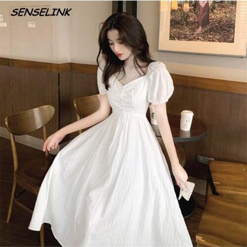 New Summer Dress Women Square Collar High Waist Puff Sleeve Mid-Calf Skirt French Temperament Was Thin Vacation Womens Dress