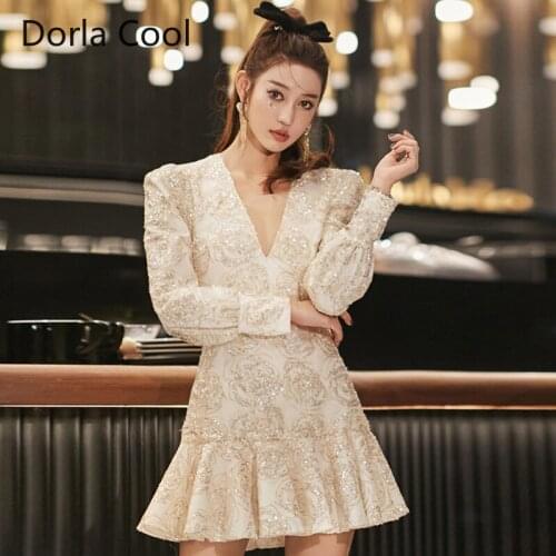 High Street Women Elegant Mini Dress Sexy V-neck Ruffles Pleated Trumpet Party Dresses Female Designer Sequins Embossed Florals