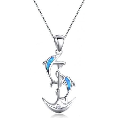 2021 Fashion Lucky Dolphin Anchor Crystal Pendant Necklace Blue Fire Opal Long Necklaces for Women Bohemia Punk Wedding Jewelry