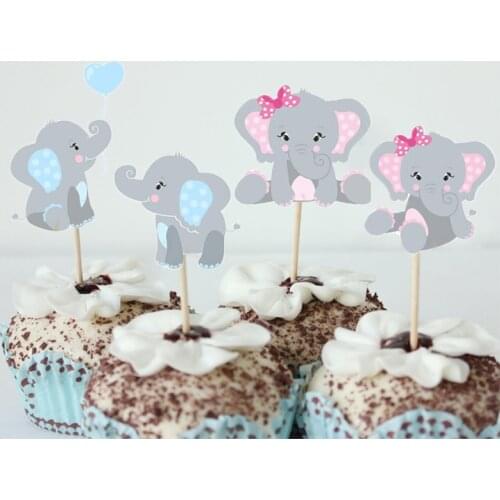 24pcs/lot Blue Pink Elephant Cake Toppers Baby Shower Decorations Dinosaur Sloth Cupcake Toppers Birthday Cake Decor Supplies