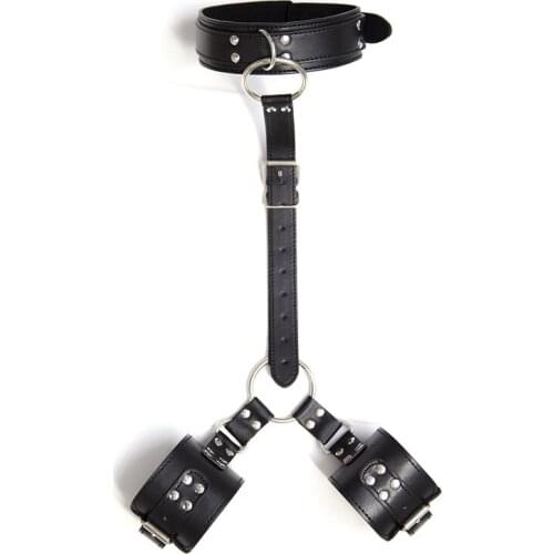 Adult Sex Bondage Fetish Faux/PU Leather Neck to Wrist Restraint System Locked Collar to Cuff Strap Heavy Duty