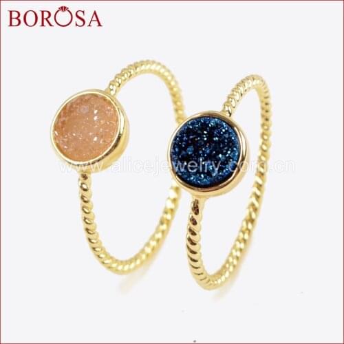 BOROSA Fashion Jewelry Gold Color 6mm Drusy Round Natural Agates Titanium Rainbow Druzy Bezel Ring Mixed Color for Women ZG0285