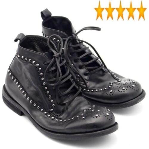 Rivets Handmade 100% Genuine Leather Retro Men Luxury Designer Round Toe Mens Derby Shoes Brogues Punk Biker Ankle Boots