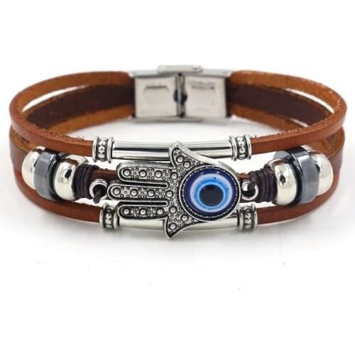 HI MAN Trendy Punk Multilayer Leather Bracelet Female Fatima Hand Sun Flower Leaf Alloy Accessories Charm Jewelry Wristband Gift