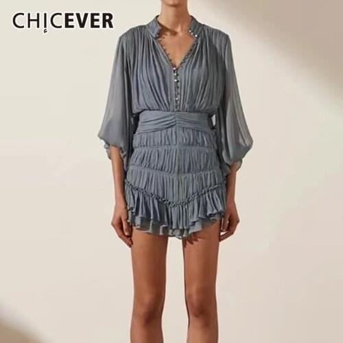 CHICEVER Pullover Print Floral Dress For Women V Neck Flare Sleeve High Waist Loose Mini Dresses Female 2021 Fashion New Clothes