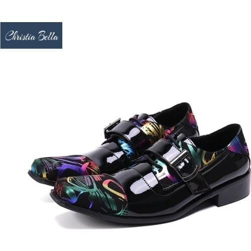 Christia Bella New Fashion Men Patent Leather Oxford Shoes Print Buckle Lace Up Party Dress Shoes Business Formal Derby Shoes
