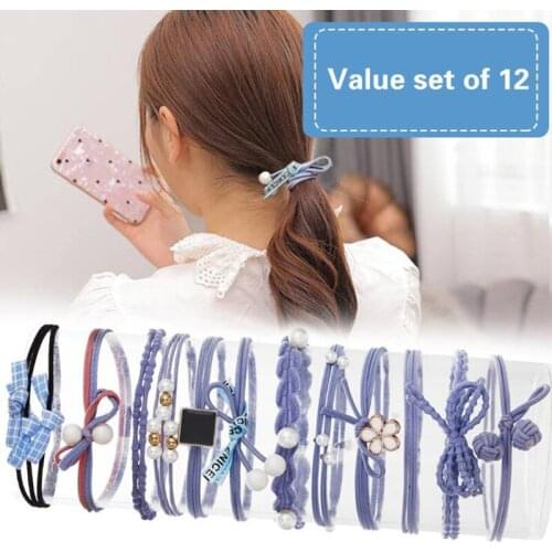 12pcs/set Women Girls Bowknot Simulated Pearls Elastic Hair Bands Pink Scrunchies Ponytail Holder Headbands Hair Accessories Set