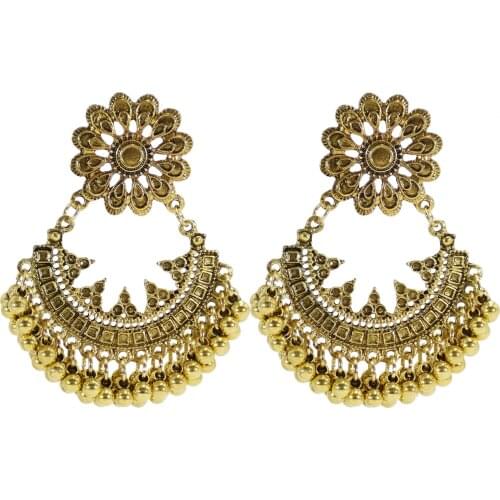 Indian Gold Flower Drop Dangle Earrings for Women Oxidized Silver Alloy Bells Tassel Statement Earring Egypt Ethnic Boho Jewelry