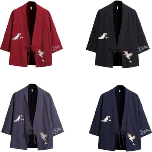 Kimono Cardigan Japanese Style Men Samurai Haori Clothing Crane Embroidery Traditional Vintage Yukata Asian Clothes Women
