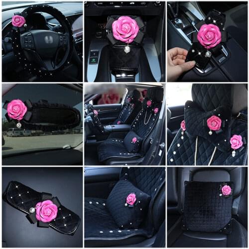 Camellia Flower Short plush Car Headrest Pillow steering wheel cover Car Waist Cushion Women Universal Girl Car Styling
