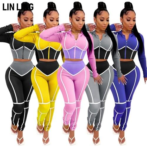 LINLING Hooded Collar Zipper Stripe Long Sleeve Fashion Yoga Suit Contrast Elastic High Waist Tights Two Piece Sports Suit