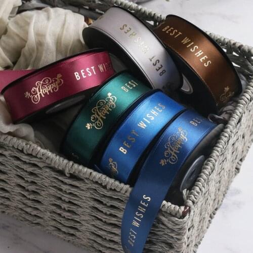 20yards hot sale Bronzing happy best wishes letter printing polyester ribbon flowers festival greetings ribbon gift packaging