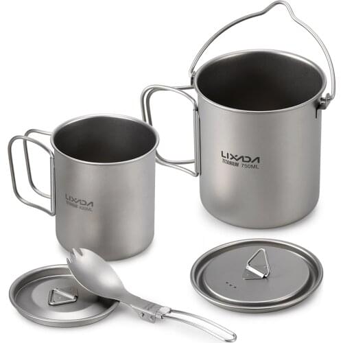 Lixada Lightweight Titanium 3 Pieces Set Titanium 750ml Pot Water Cup Mug Folding Spork for Outdoor Camping Hiking Backpacking