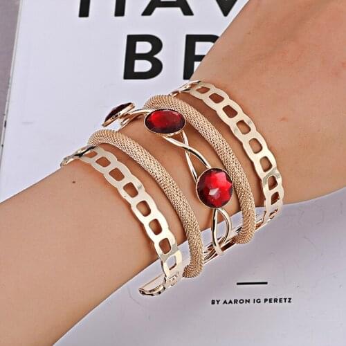 LZHLQ Punk Stripe Hollow Bracelet 2020 New Fashion Women Elastic Rope Metal Plated Wide Bangle Maxi Round Stone Jewelry Bracelet