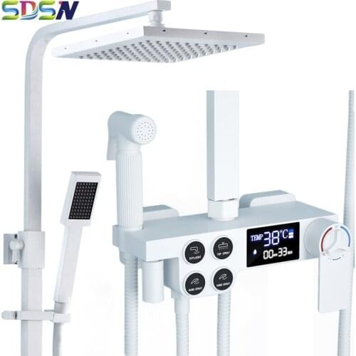 Hot and Cold Digital Shower Set Faucet of Brass Thermostat Shower Faucet Set Rainfall Shower Head White Thermostatic Shower Set