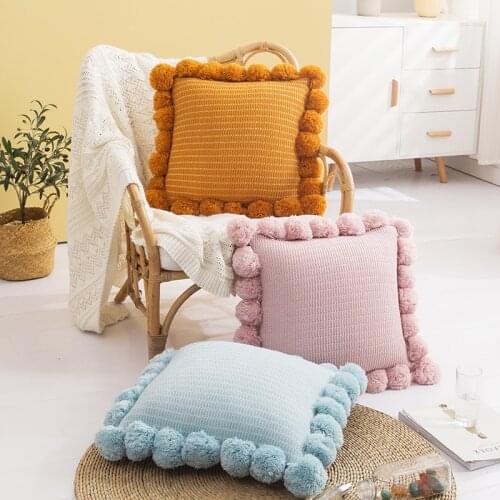Pompom Ball Cushion Cover Vintage Yellow Ivory Pink Green Pillow Cover Knit 45x45cm Zip Open Home Decoration Sofa Bed