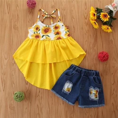 1-6T Girls Clothes Set Sunflower Print Sleeveless Irregular Hem Sling Tops Elastic Waist Ripped Denim Shorts Girls Summer Set