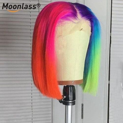 Rainbow Red Colored Highlight Wig Human Hair Brazilian Remy 4x4 Lace Closure Wig Ombre 13x4 Short Bob Lace Front Wigs For Women