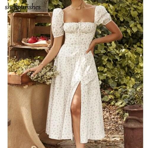 Elegant dress women vintage floral dresses summer midi dress square neck party dresses korean white dress holiday sundress split