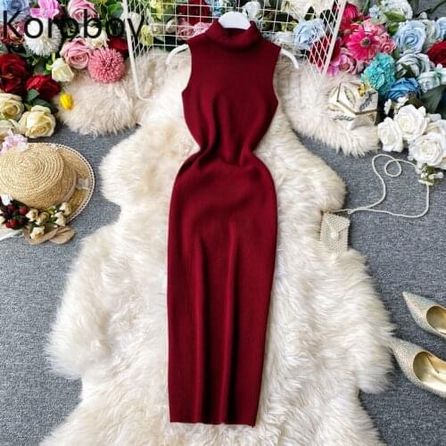 Korobov Vintage Slim Elastics Knitted Women Dress Korean Turtleneck Sleeveless Elegant Party Night Vestidos Summer Dresses