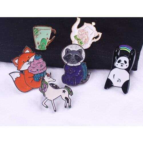 Various Cute Cartoon Brooches for women Cute Panda Space Cat Hippie Unicorn Flower Fox Lapel enamel pins Badge Animal Jewelry