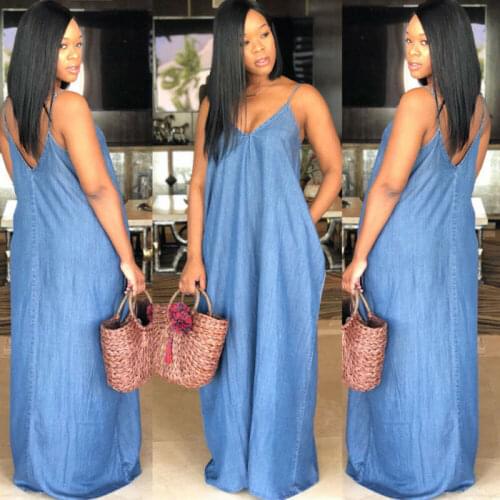 Plus Size Boho Backelss Long Denim Maxi Dress Women Loose Jean Dress Denim Suspender Dress