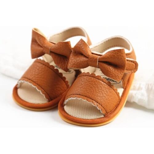 Baby Sandals PU Leather Girls Solid Color Bowknot Walking Shoes Soft Footwear For Summer Cute Rubber Shoes 0-18 Months